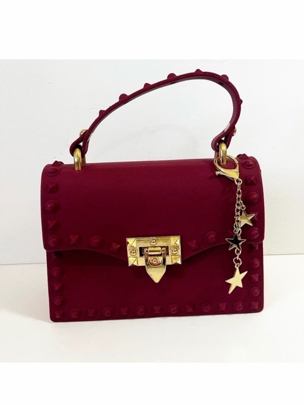 Most Wanted Burgundy Mini Satchel Handbag Soft Jelly Studded Small Moto NO STRAP